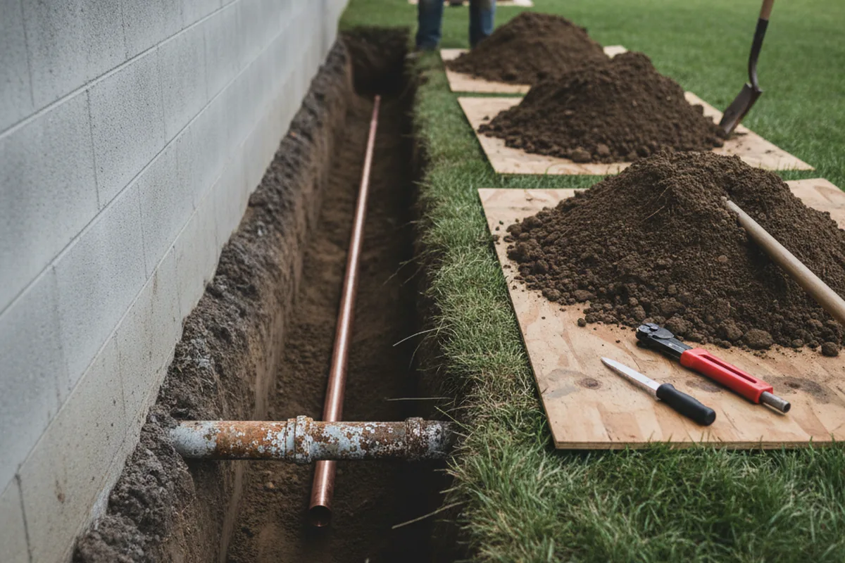 Excavated water line trench during Water Softener Installation in Mount Carmel